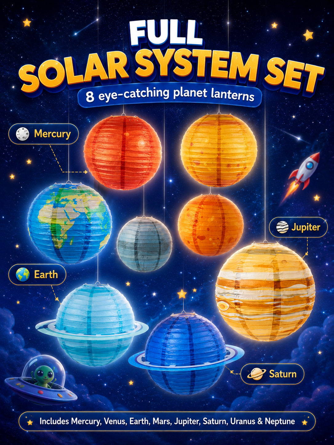 ❤️8pcs Planet Paper Lanterns, 12 Inch Outer Space Party Decorations | Solar System Hanging Planets Lantern, for Kids, Space Theme Party, Birthday Room Decorations