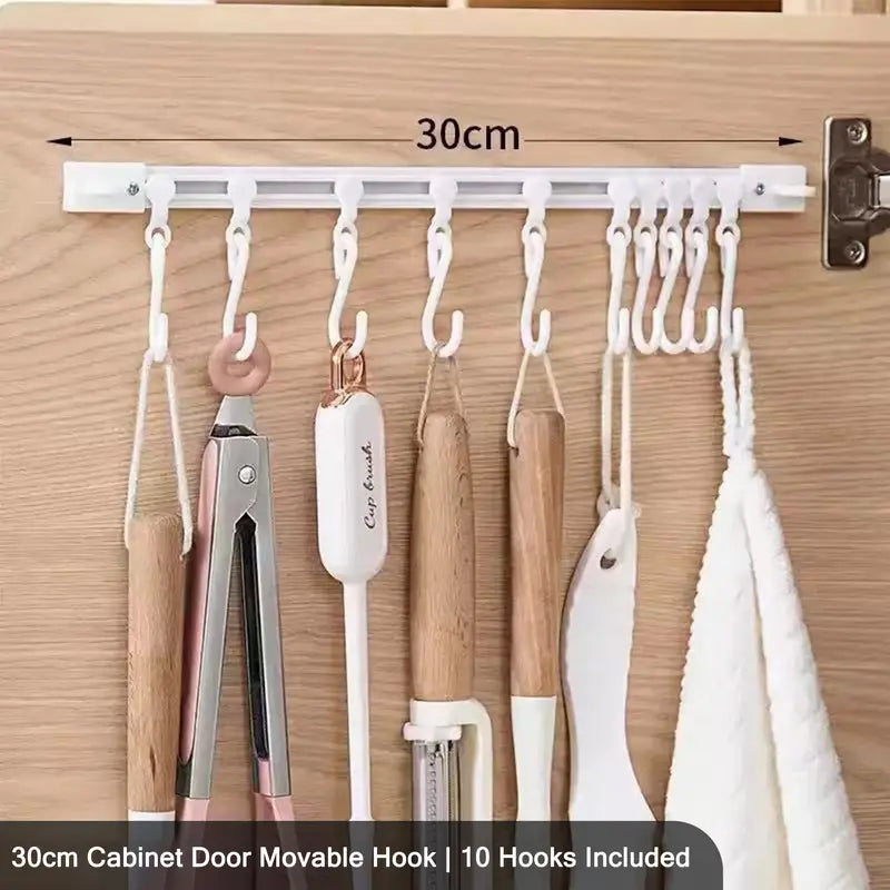 π§° No-Drill Sliding Rail Hook Organizer β 10 Adjustable Cabinet Hooks