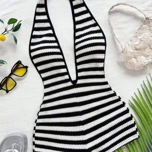 đ„Hot Sale 49% offđ„Women's Comfortable Versatile Deep V Neck Halter Striped Romper