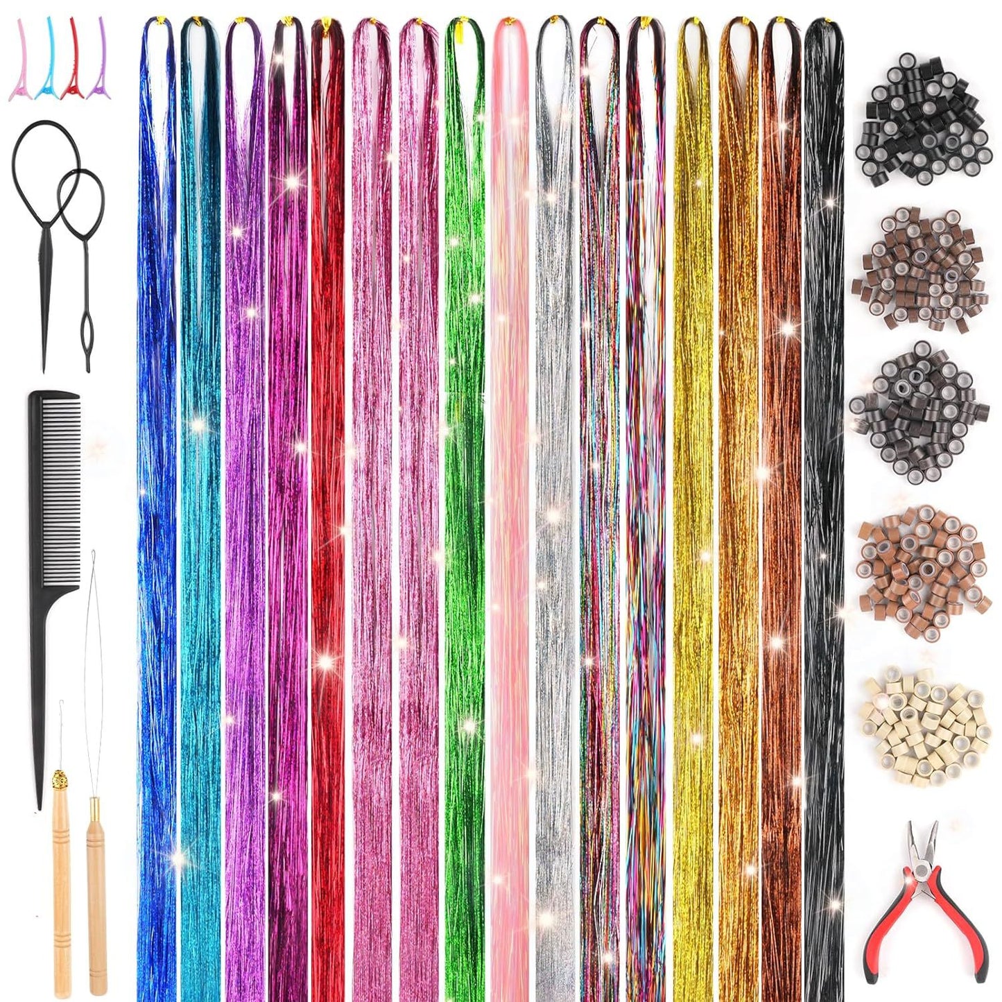 ✨Colorful Heat-Resistant Hair Tinsel Kit with Tools 48 Inches Glitter Tinsel Extensions