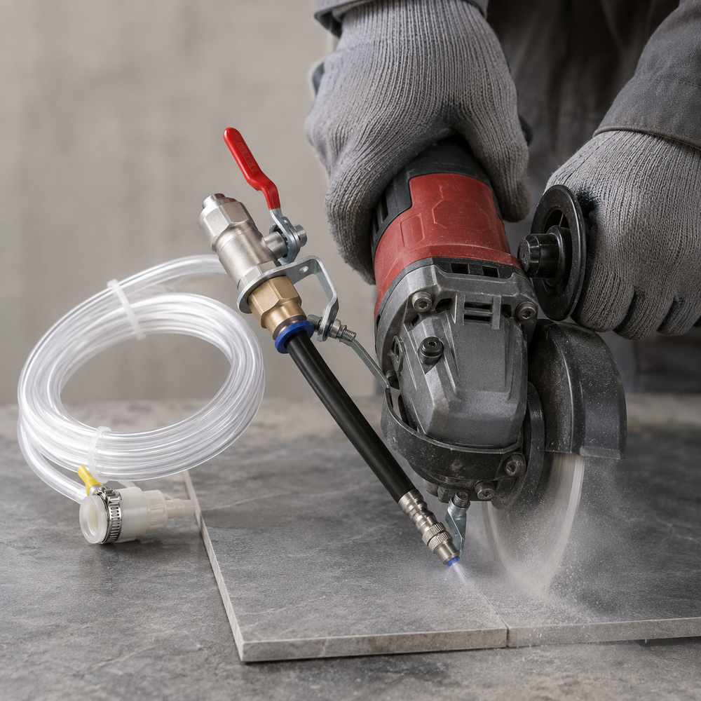 Fine mist dust suppression close to an angle grinder cutting blade
