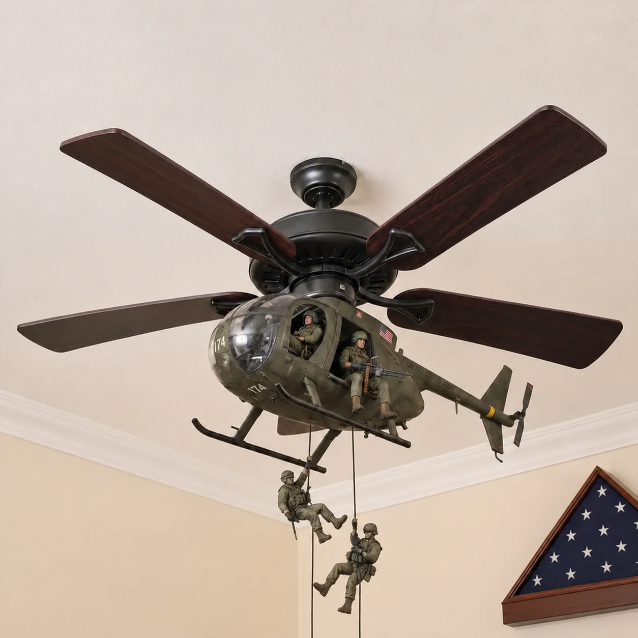 ๐ Military Helicopter Ceiling Fan Decor โ Realistic Hanging Ornament for Man Cave & Home