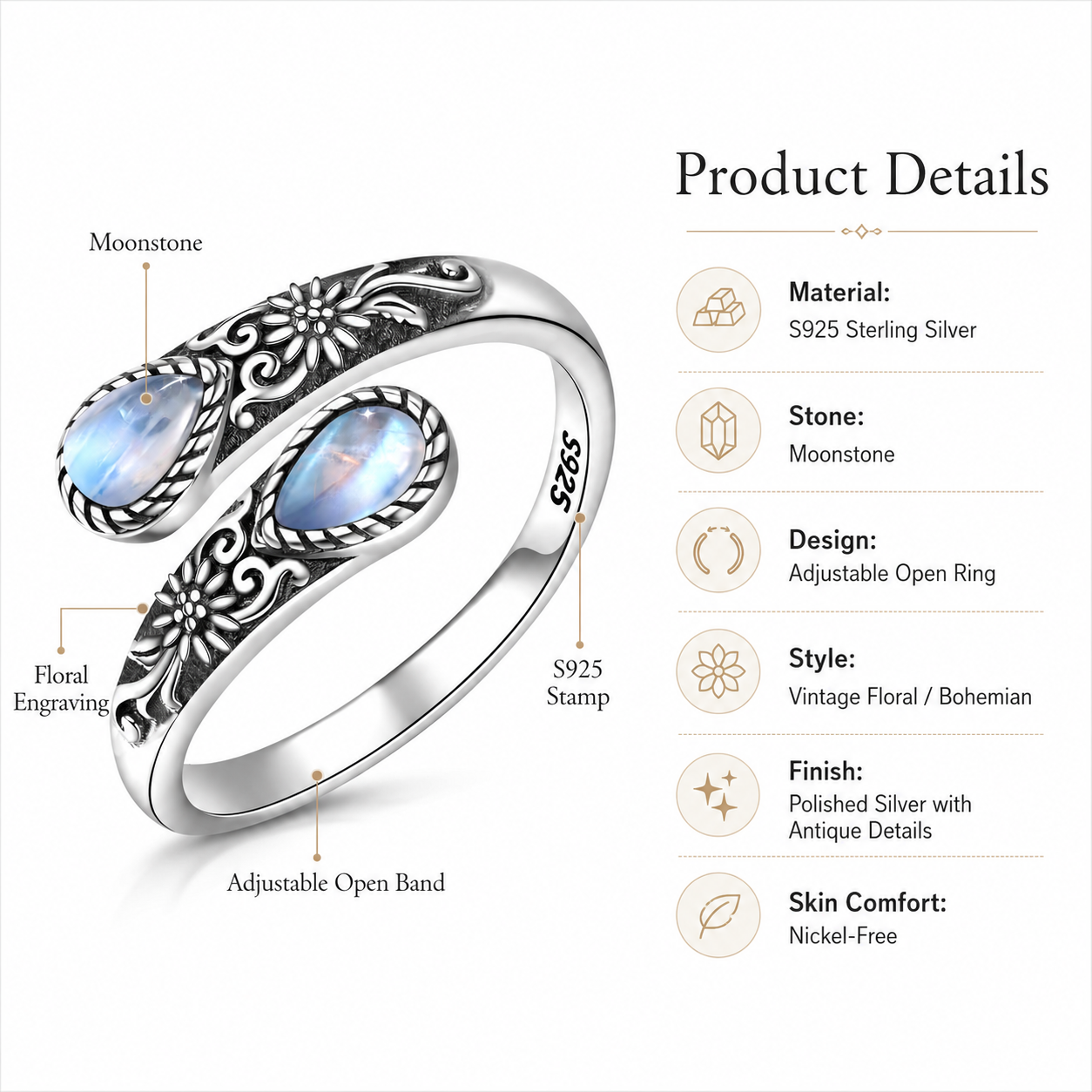 Moonstone Bloom Ring | Vintage Style • Adjustable Fit • Timeless Elegance