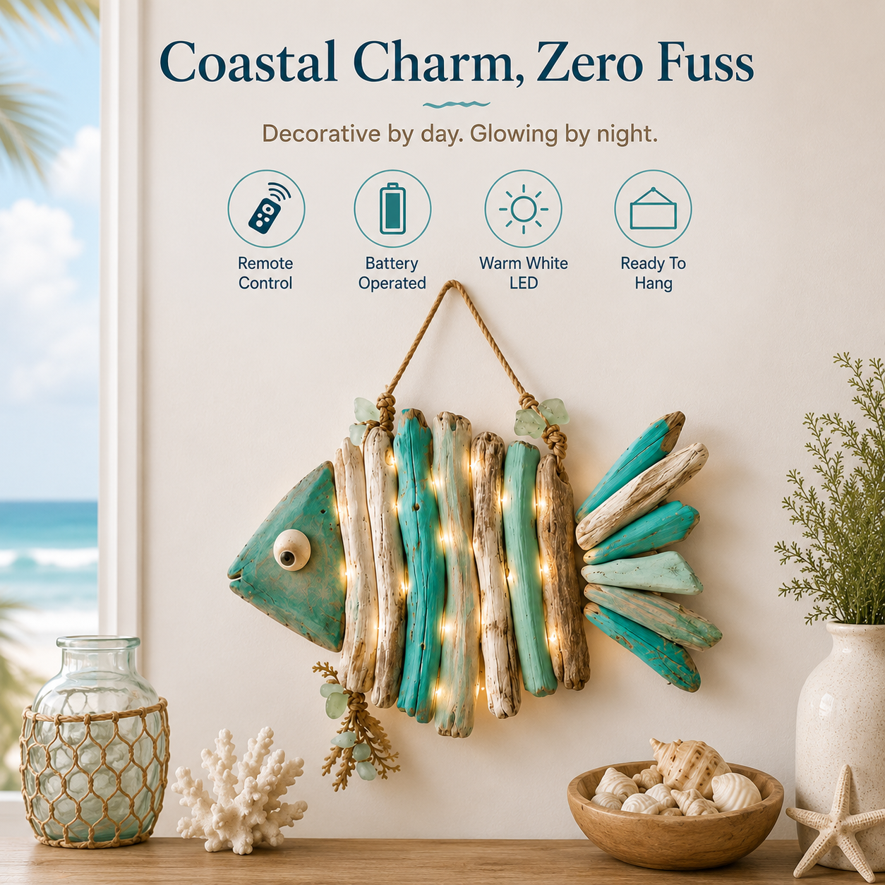 🌊 Lighted Coastal Fish Wall Decor | Driftwood LED Art with Remote & 8 Modes