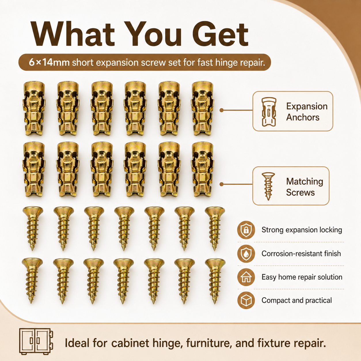 🔩 6×14mm Short Expansion Screw Set for Cabinet Hinge Repair & Stripped Thread Restoration
