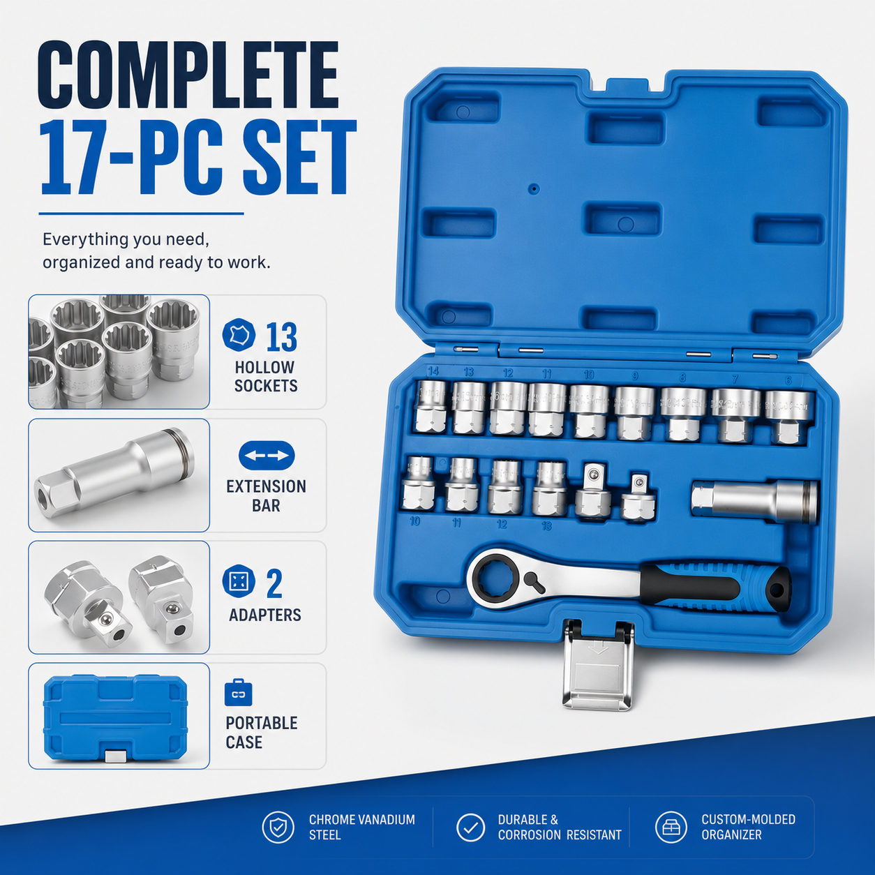🔥Bestseller|17-Piece Pass Through Socket Set, Metric 10–24mm