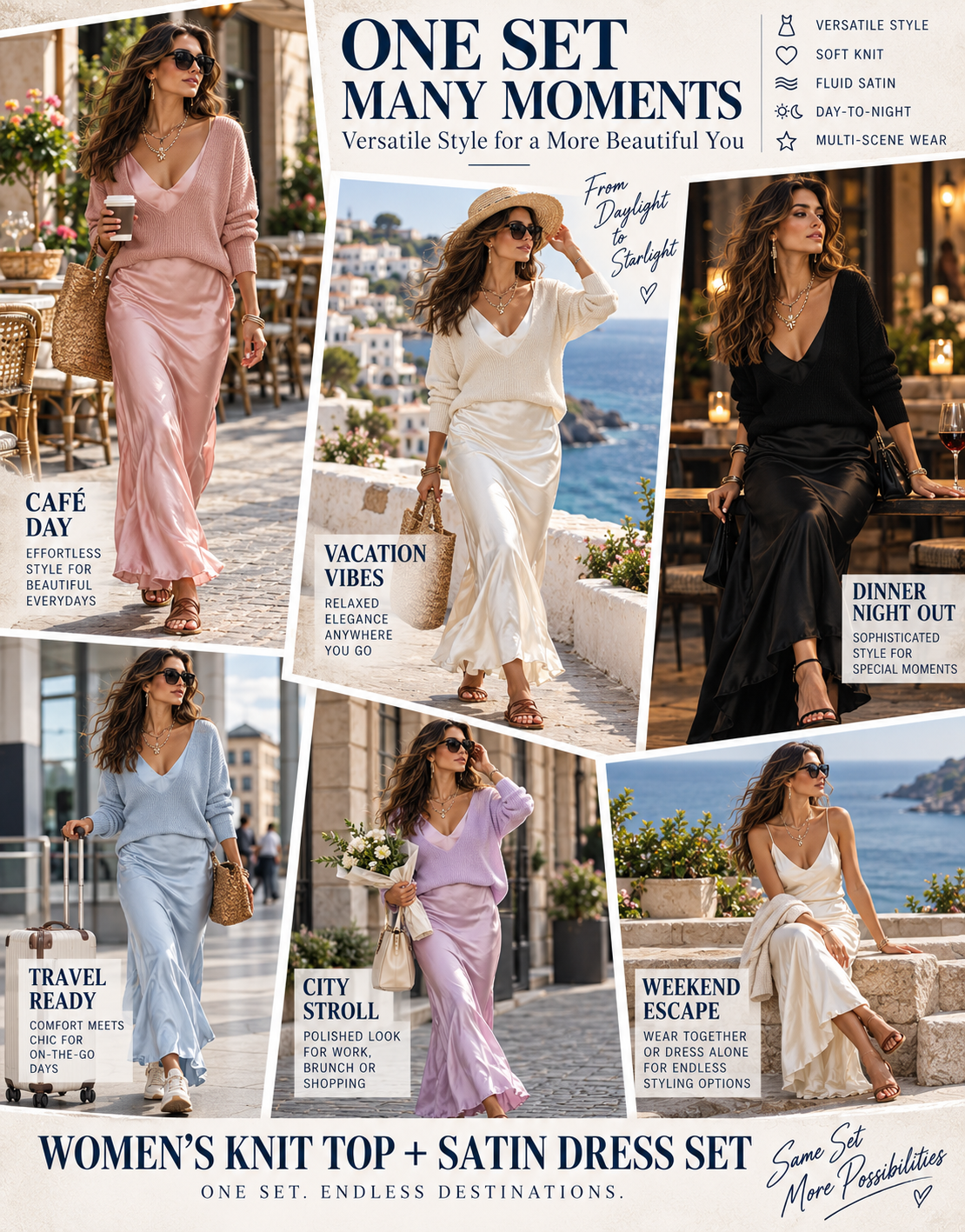 ✨ Fashion Deal – Women’s Knit Sweater & Satin Maxi Set 👗 Chic V-Neck Layered Two-Piece Outfit for Effortless Elegance 💕