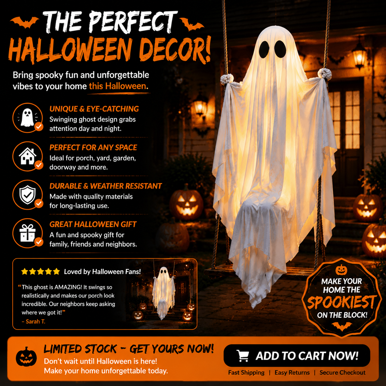 👻 Animated Swinging Ghost Halloween Decoration – Spooky Porch Hanging Ghost For Outdoor Yard Decor