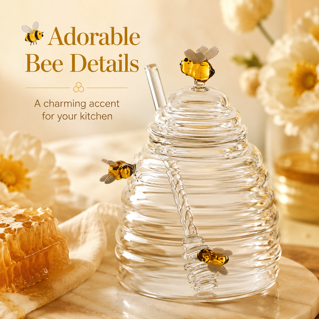 🔥Honey Jar with Dipper,Lid and Bee Decoration Beautiful Honey Shaped Glass Honey Pot