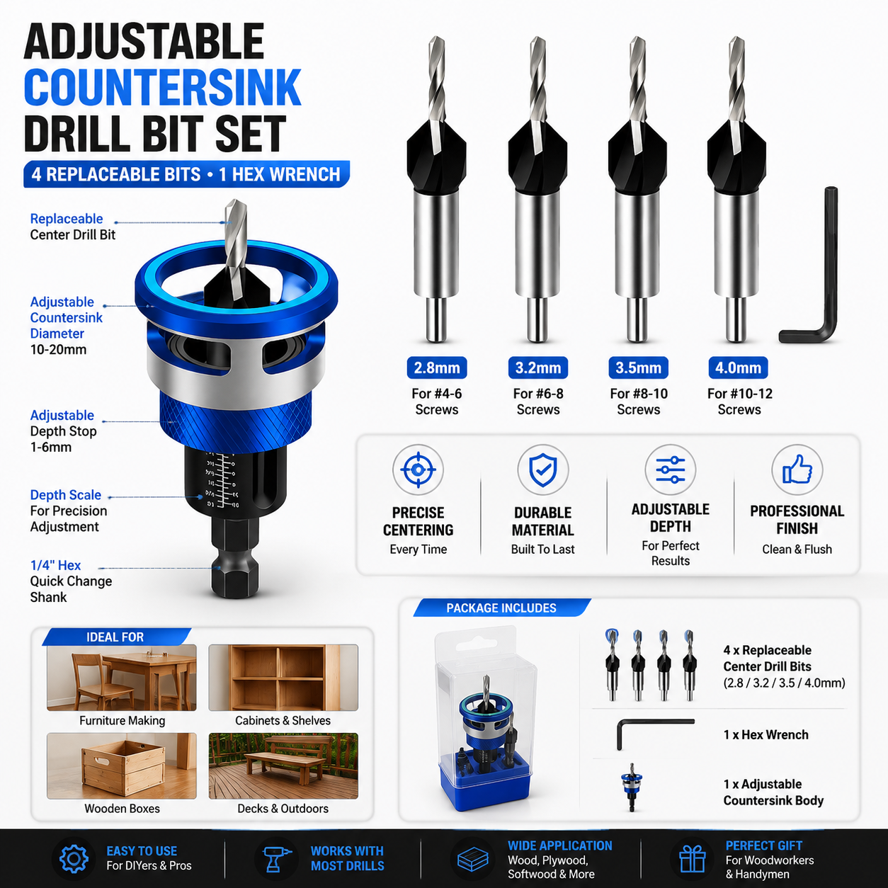 π₯ LAST DAY 50% OFF-π© Adjustable Countersink Drill Bit Set | Professional Woodworking Screw Finishing Tool