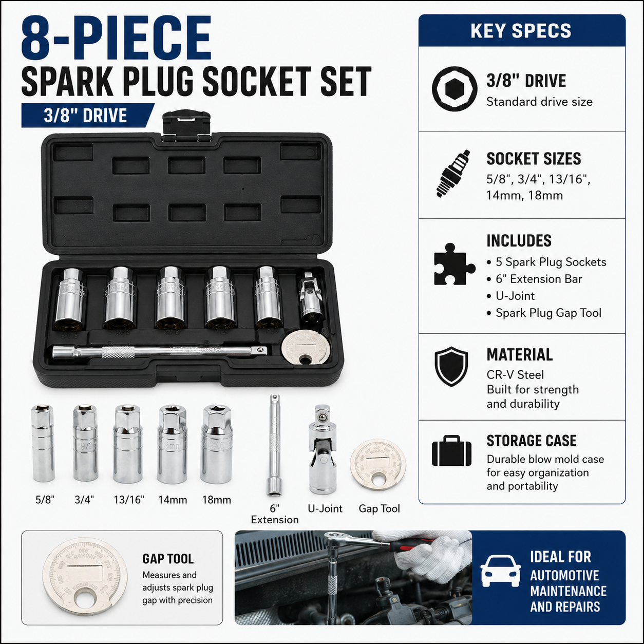 🔥3/8-Inch Drive 6-Point CR-V Steel Spark Plug Socket Wrench Set (8-Piece) 🛠️