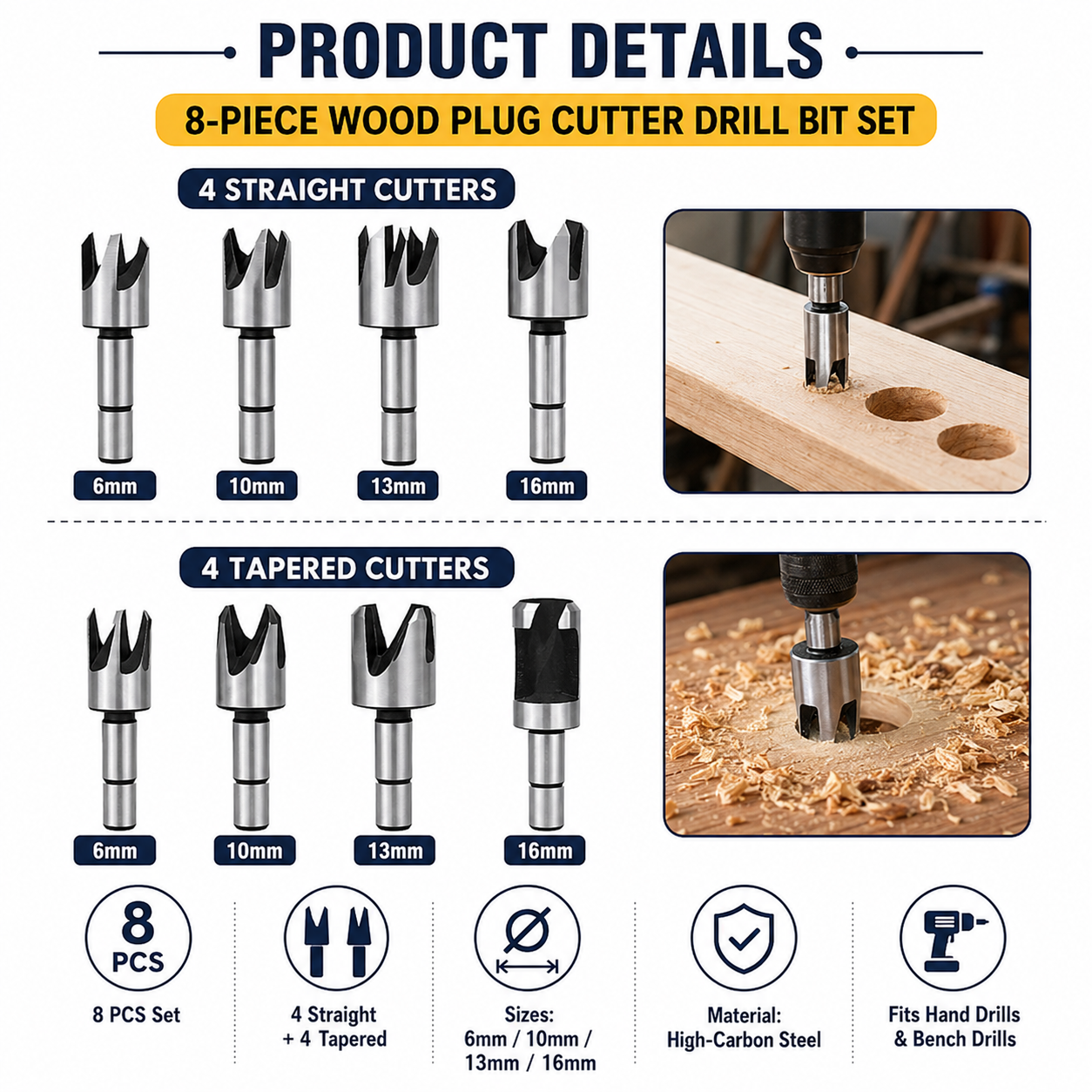 🔥8Pcs Wood Plug Cutter Drill Bit Set | Straight & Tapered Wood Hole Plug Making Bits