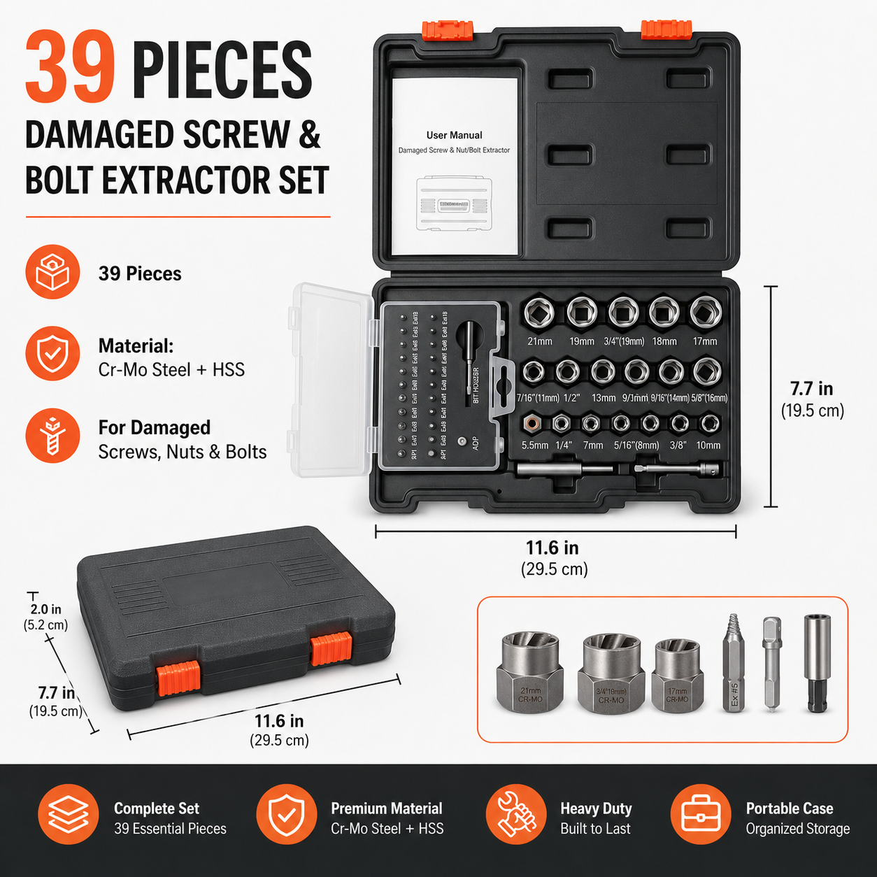 🛠️39-Piece Damaged Screw Extractor Set with 3/8" Drive Bolt Extractor Kit