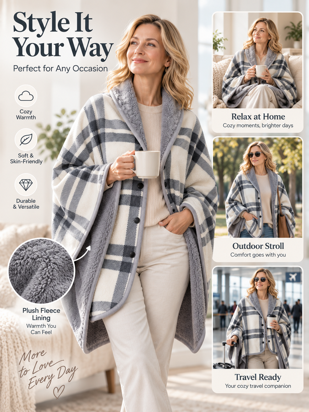 🍂 Cozy Deal – Reversible Plaid Sherpa Wrap Blanket 🧸 Soft Wearable Comfort for Chilly Evenings at Home ✨