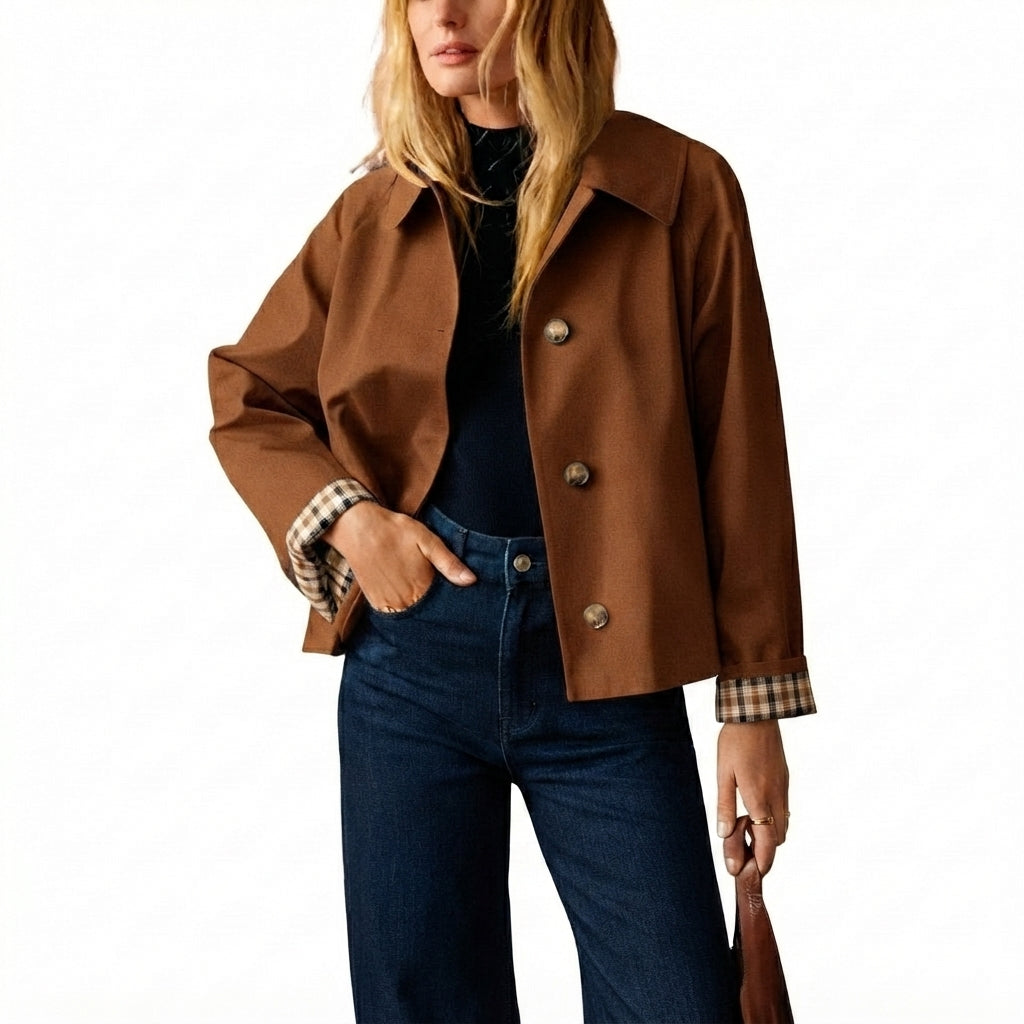 🧥 Classic Collar Cropped Jacket – Checkered Lining, Breezy Summer Style