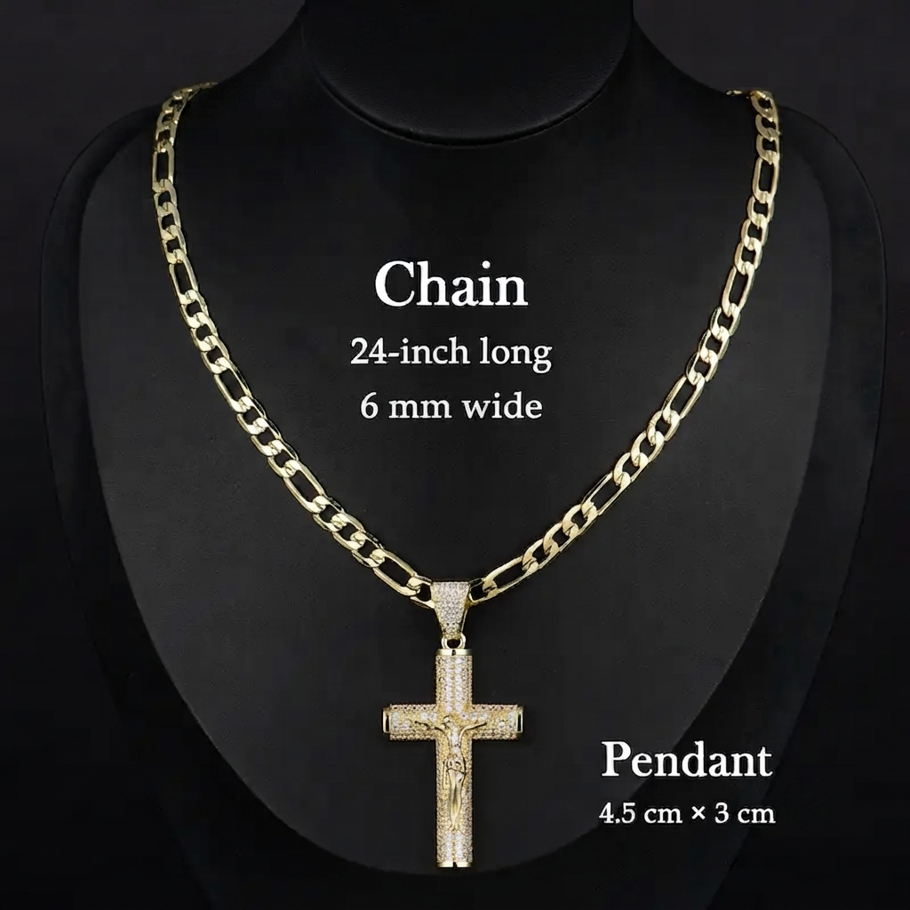 ✨ Gold-Plated Cuban Figaro Cross Necklace – 24" Miami Crucifix, Handcrafted Polished, Perfect Father's Day Gift