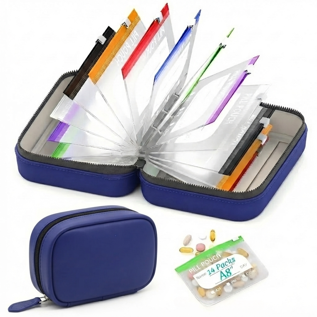 💊 Waterproof Pill Pouch Set – 14pcs A8 Bags, 7–14 Day Med Organizer with Color Labels