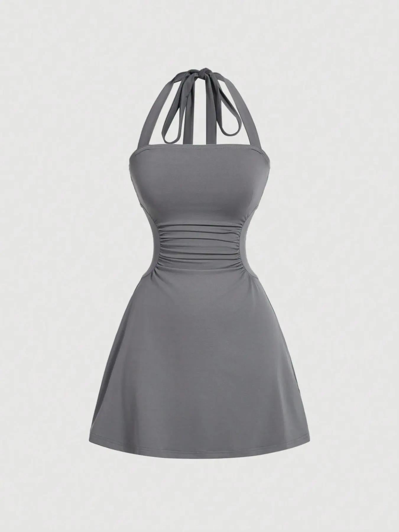 Women's Ruched Tie Back Halter Neck A-Line Mini Dress – Sleeveless Casual Summer Dress
