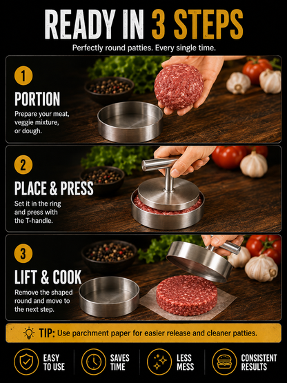 🍔 BBQ FAVORITE | Manual Burger Patty Press – Uniform Round Patties for Grilling, Meal Prep & Home Cooking