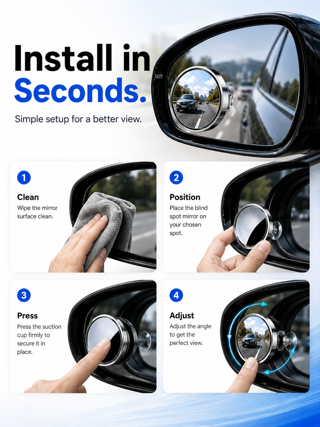 🚗 360° Adjustable Blind Spot Mirrors – Wide-Angle HD Car Side Mirror