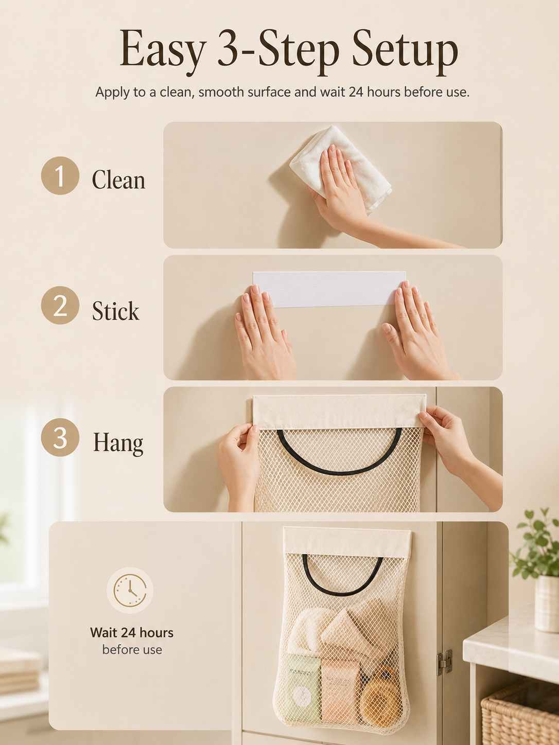 🧺 No-Drill Hanging Mesh Organizer – Self-Adhesive Space-Saving Storage Pouch