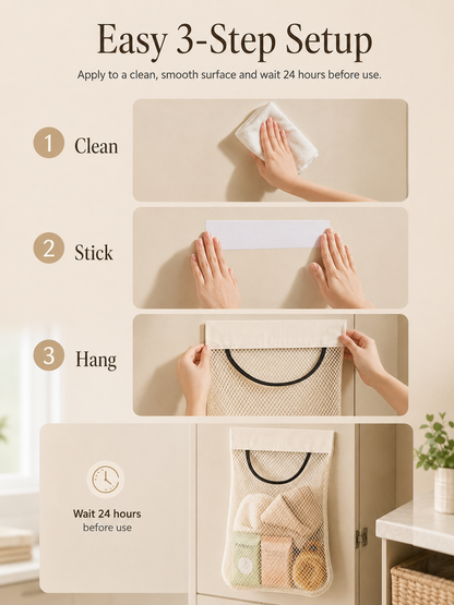 🧺 No-Drill Hanging Mesh Organizer – Self-Adhesive Space-Saving Storage Pouch