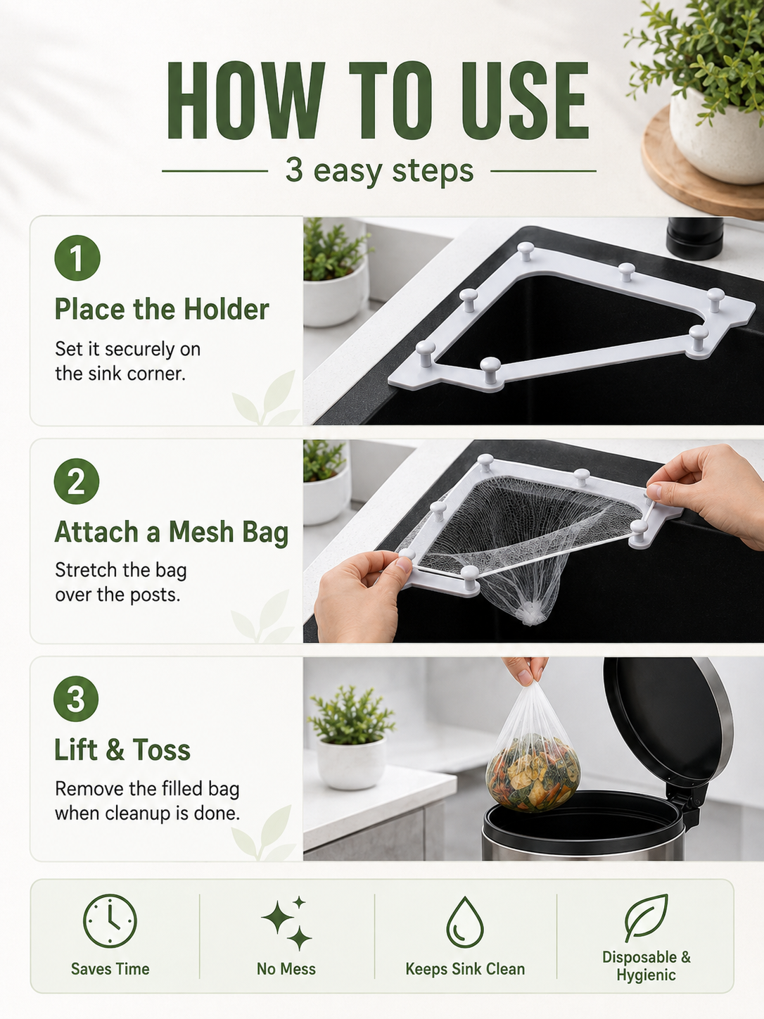 🗑️ Smart Sink Strainer Holder Kit With 50 Mesh Bags – Keep Food Scraps Away From Your Drain