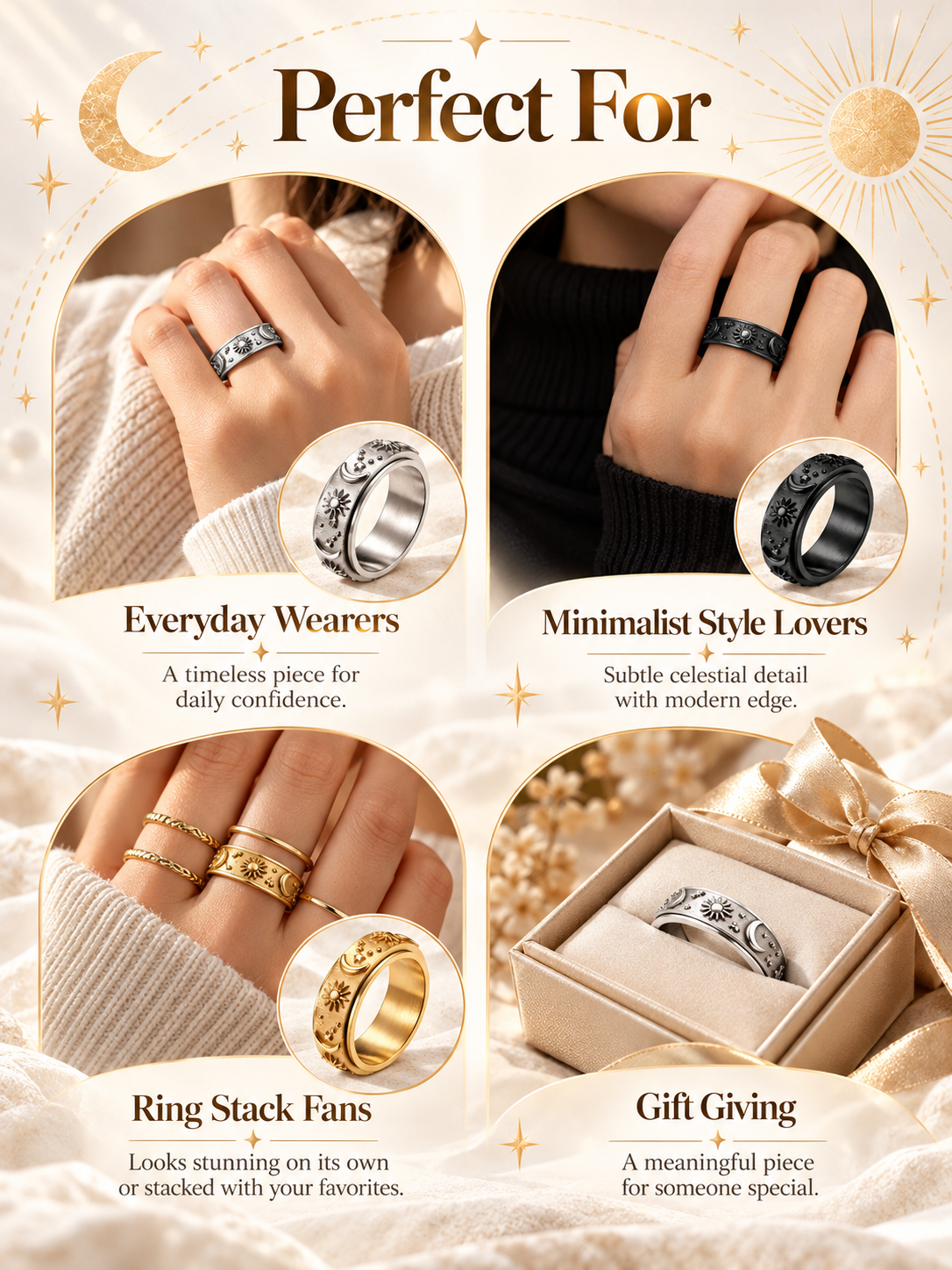 💍Sun‑Moon‑Star Embossed Rotating Spinner Ring Collection
