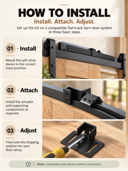 🚪 Barn Door Soft Close Kit – Hidden Anti-Slam Damper Hardware for 88–132 lb Flat Track Sliding Doors