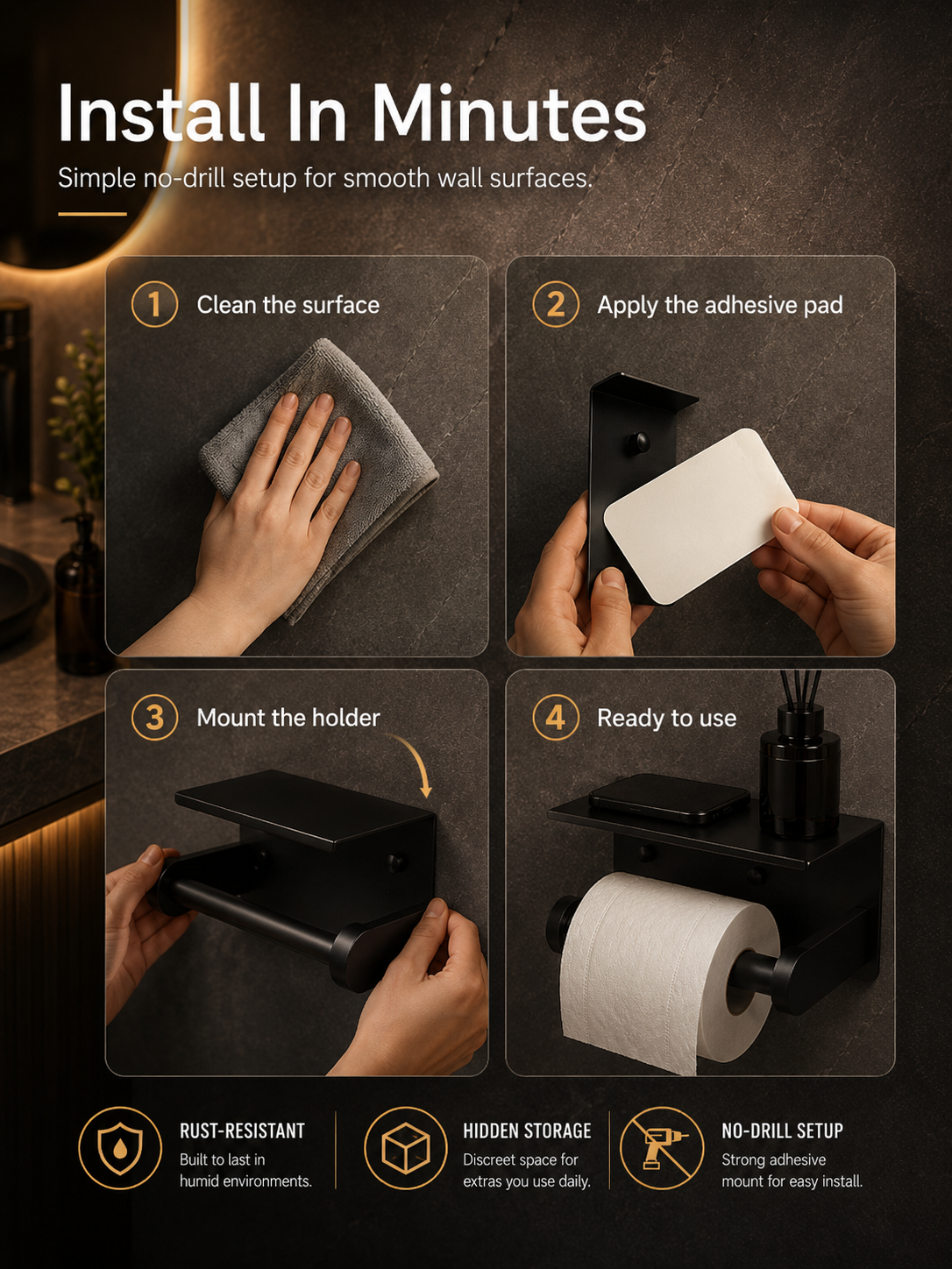 🧻 2pack -2-in-1 Toilet Paper Holder with Shelf – Space-Saving Bathroom Organizer