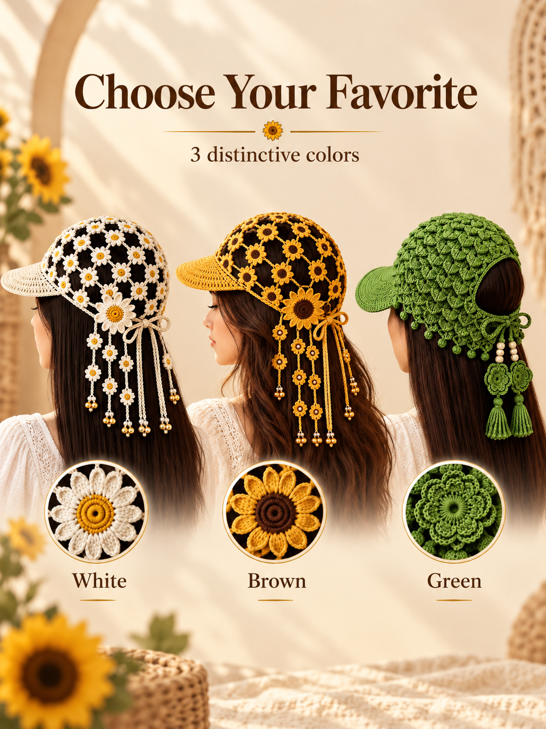 🌻 Handmade-Style Crochet Sunflower Boho Cap – Open-Knit Floral Tassel Baseball Hat