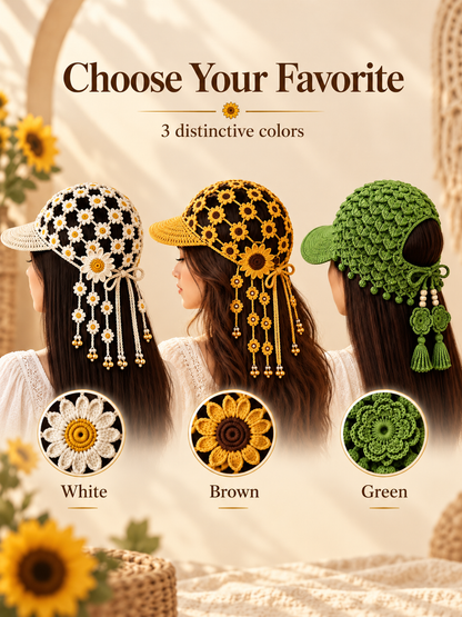 🌻 Handmade-Style Crochet Sunflower Boho Cap – Open-Knit Floral Tassel Baseball Hat