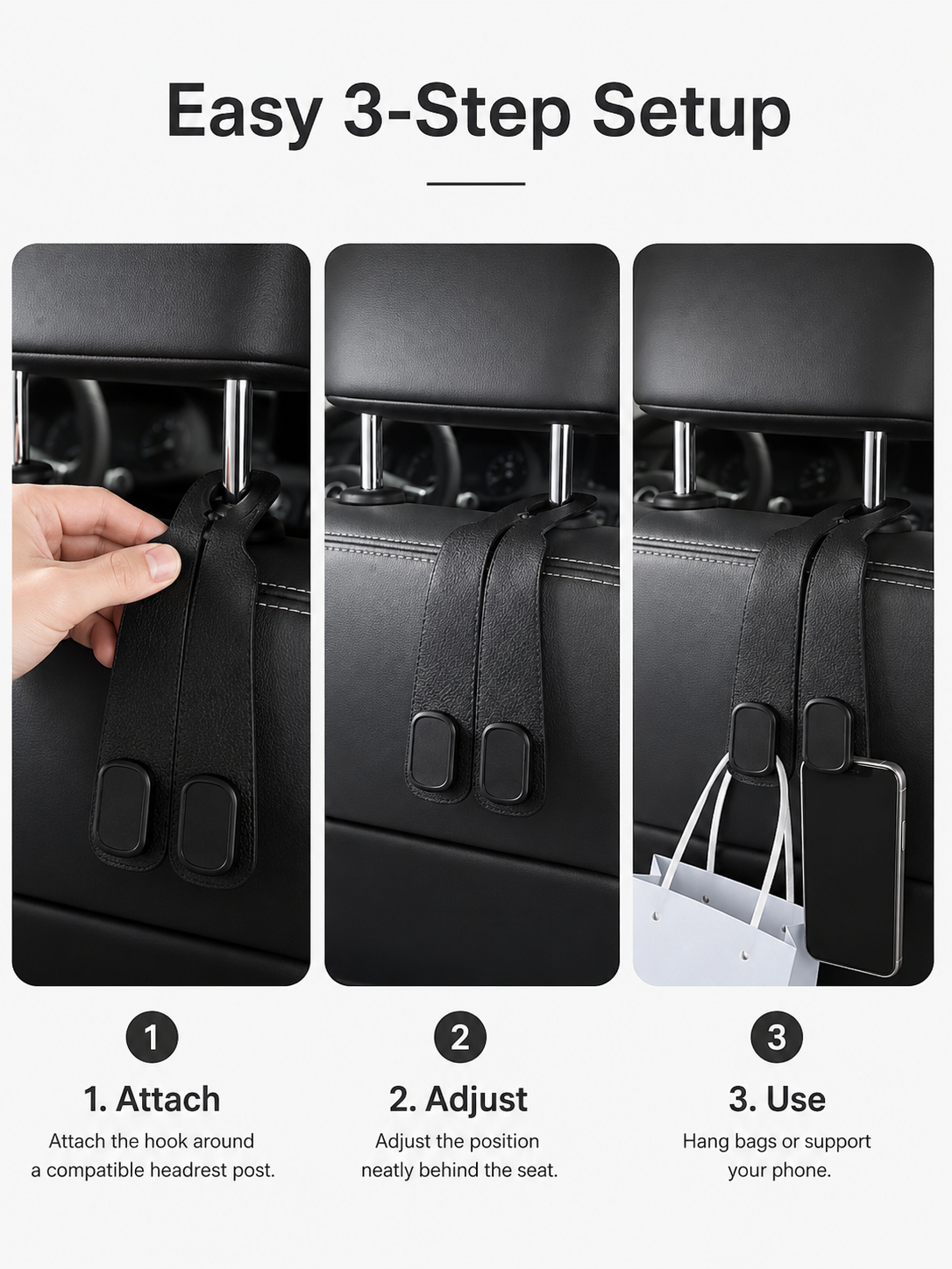 🚗2-in-1 Car Headrest Hook &amp; Phone Holder