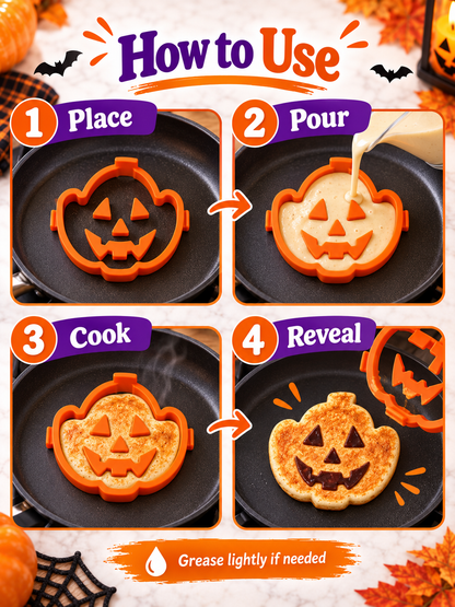 🎃 4-Piece Halloween Pancake Mold Set – Ghost, Pumpkin, Bat & Skull Silicone Shapers