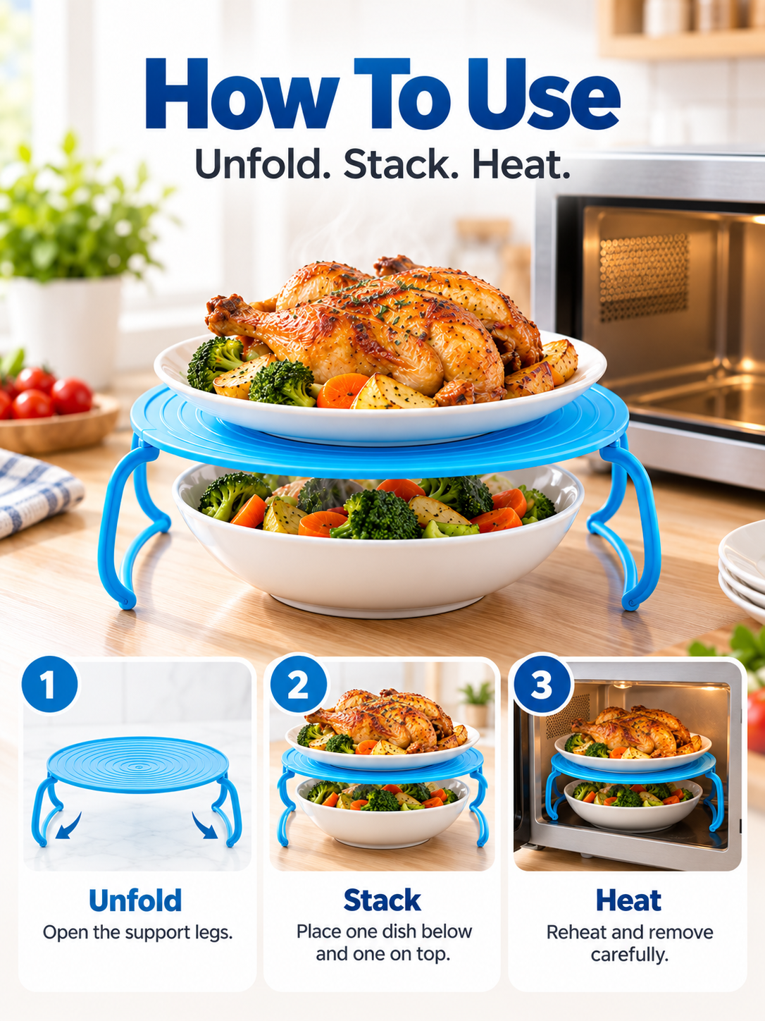 🍽️ Foldable 2-Tier Microwave Plate Stacker – Space-Saving Heating Rack with Side Handles