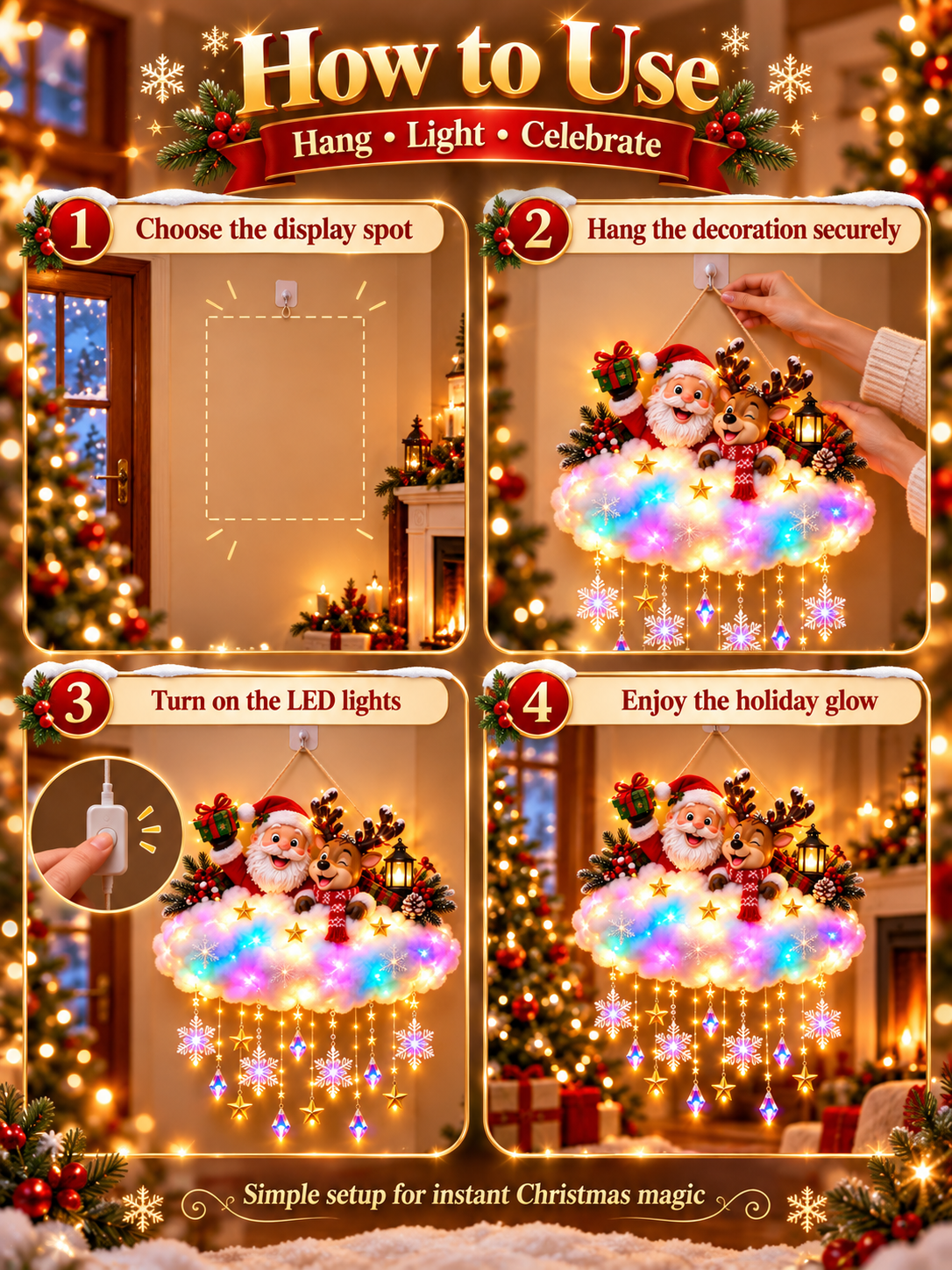 🎄 Angelic Christmas Cloud Light – Magical Santa & Reindeer Hanging Holiday Decoration