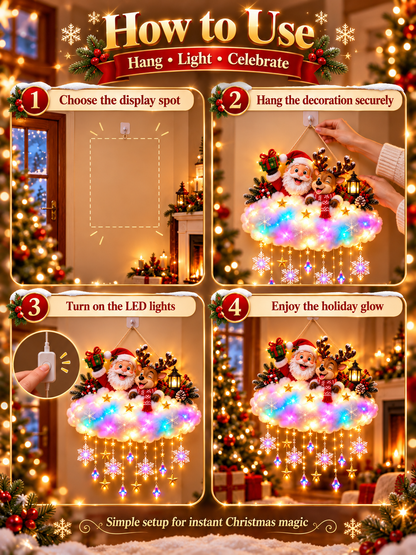🎄 Angelic Christmas Cloud Light – Magical Santa & Reindeer Hanging Holiday Decoration