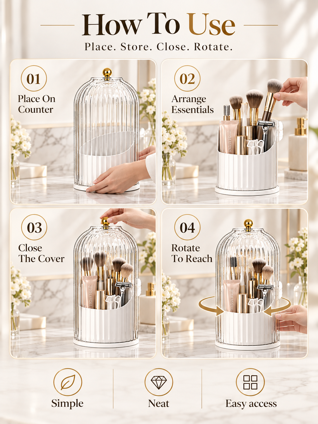 💄 360° Rotating Makeup Brush Organizer – Dustproof Covered Cosmetic Storage Holder