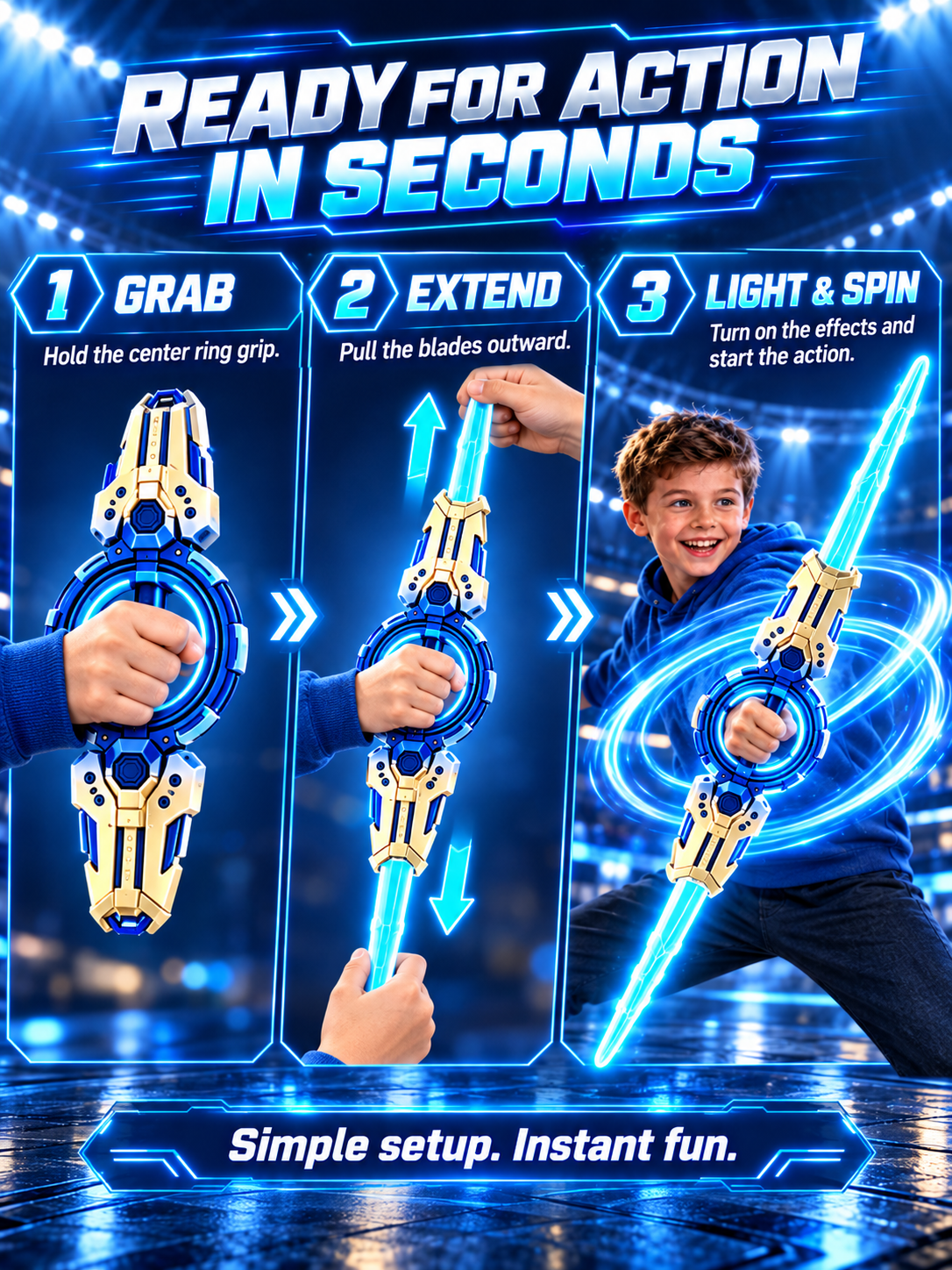 360° Spinning Double-Blade LED Sword | Rechargeable Light-Up Toy