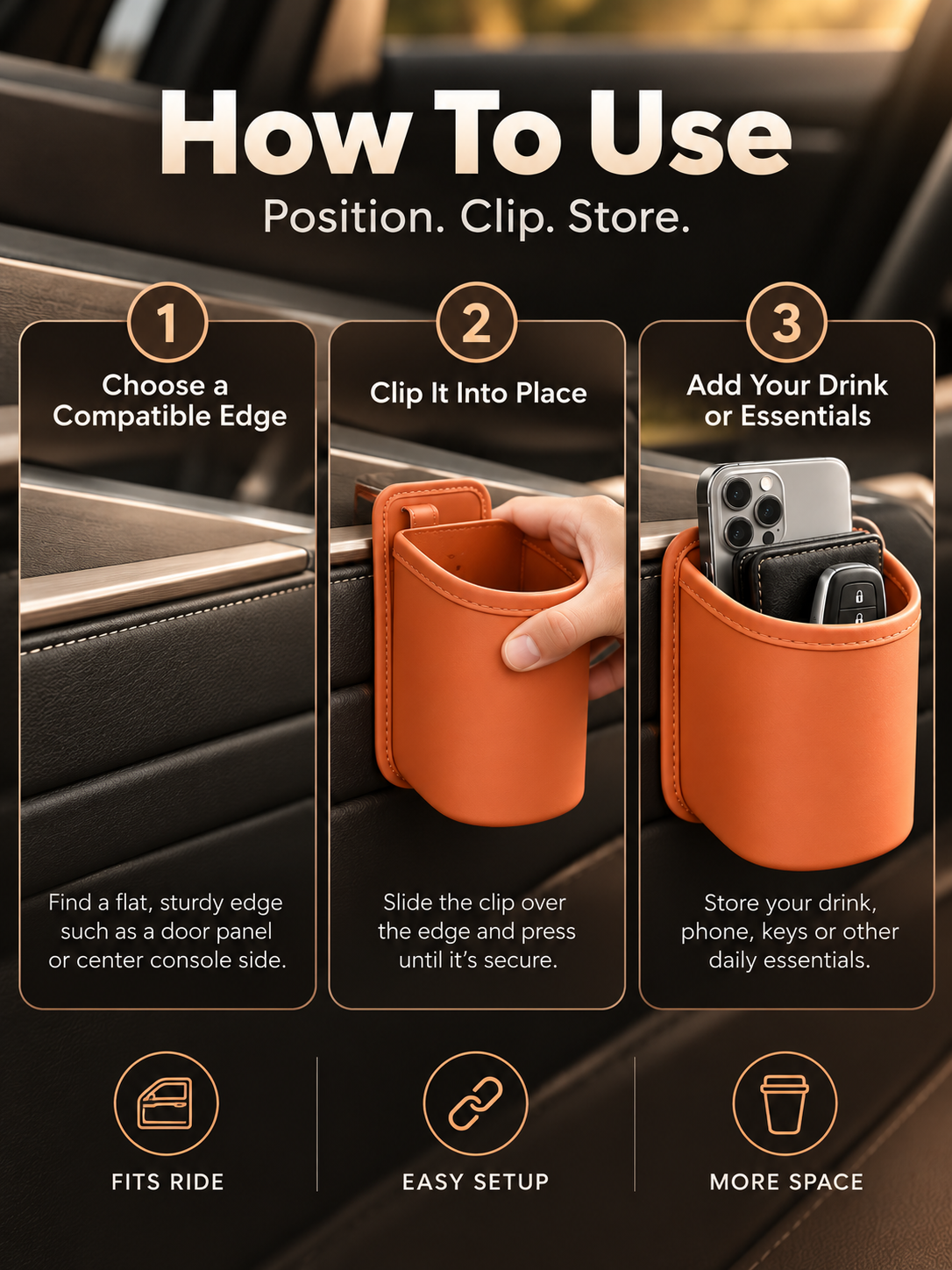 🚗 Clip-On Car Cup Holder & Organizer – No-Drill Multipurpose Vehicle Storage Box