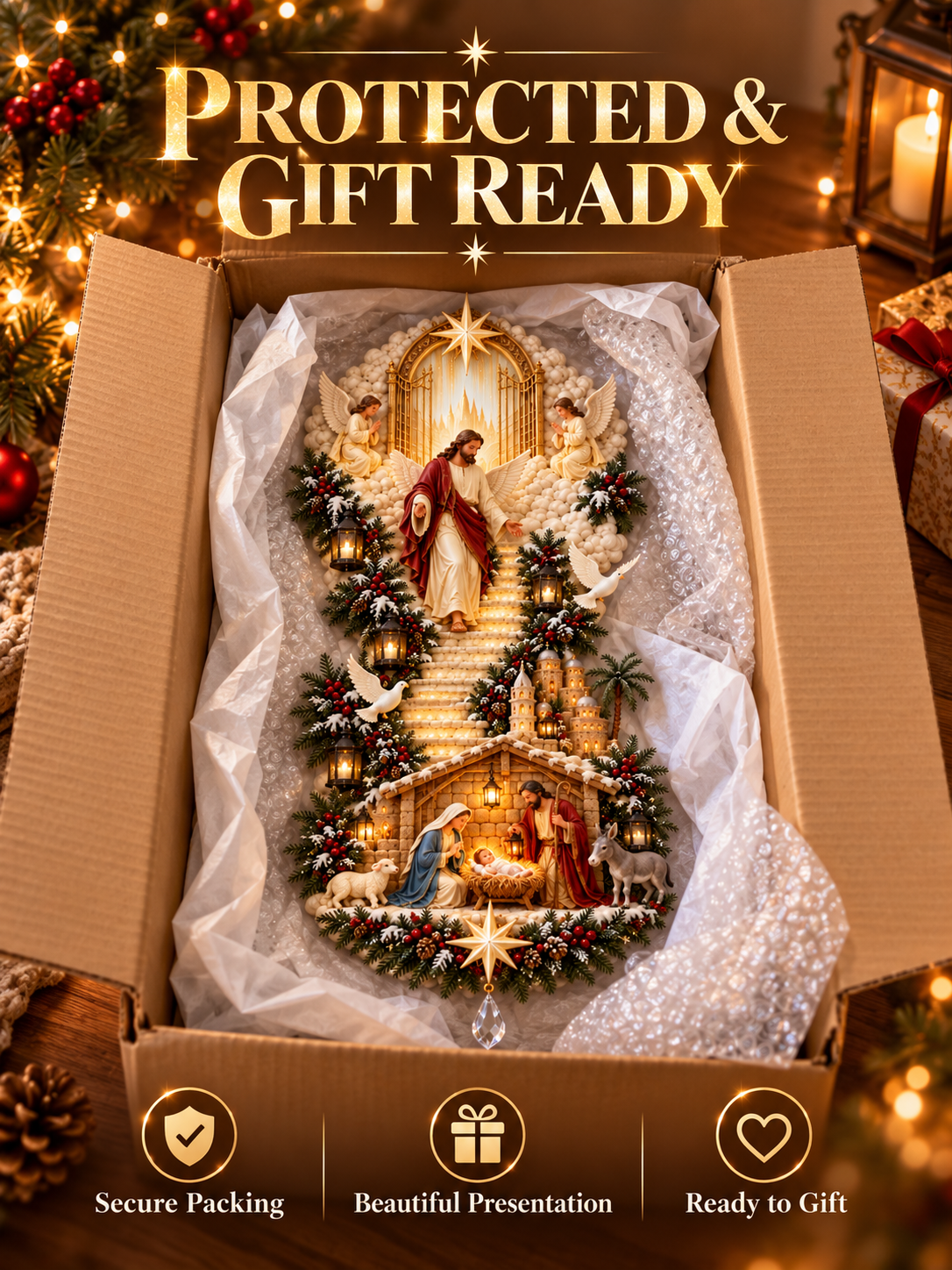 ✨ Jesus Light of Heaven Christmas Wall Hanging | Illuminated Nativity Stairway Decor ✝️