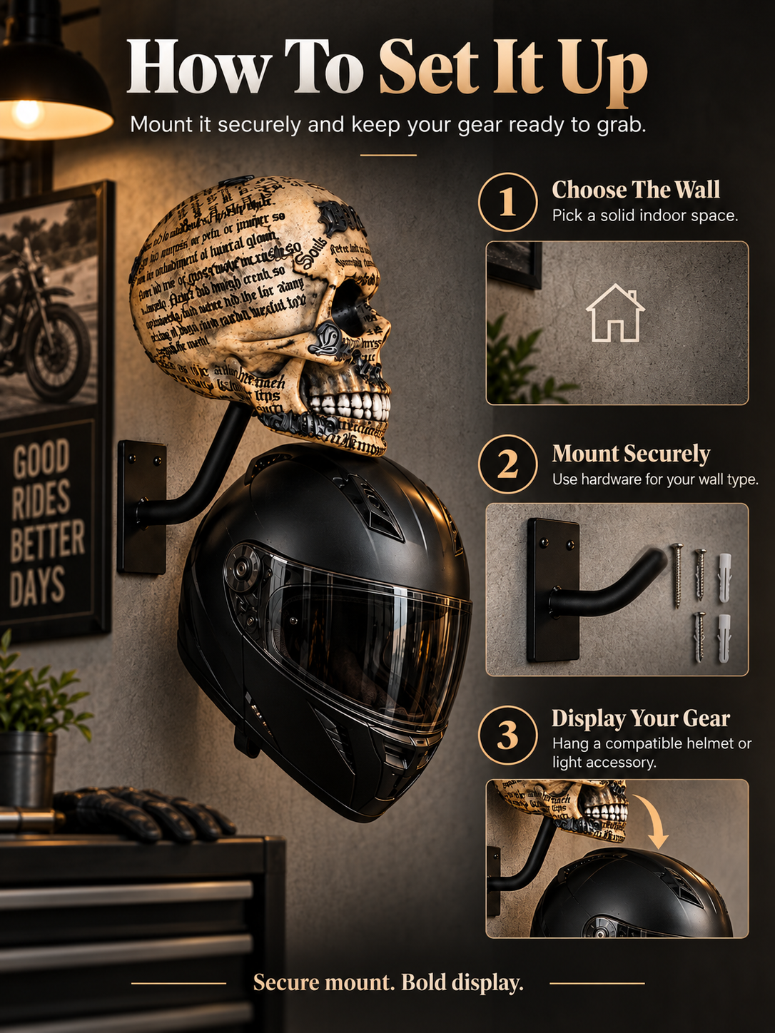 💀 Motorcycle Skull Helmet Holder – Garage Display Wall Mount