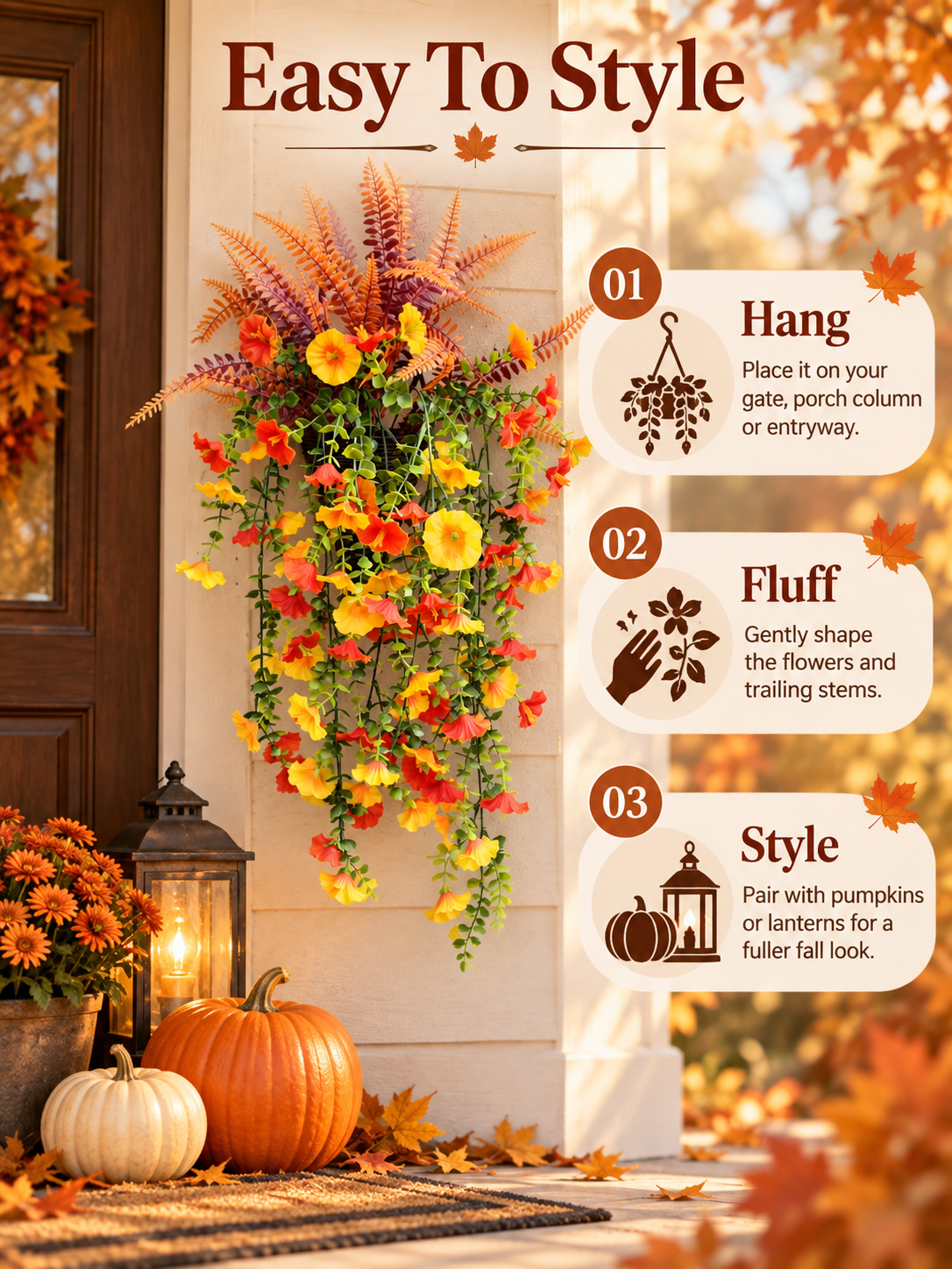 🍂 Cascading Autumn Floral Swag – Lush Fall Porch & Entryway Hanging Décor