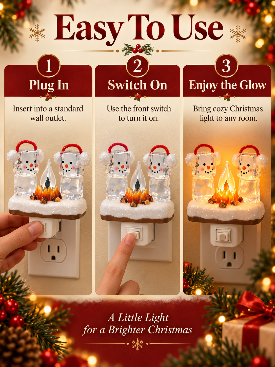 🎄 3D Christmas Plug-In Night Light – Warm Glowing Holiday Wall Décor