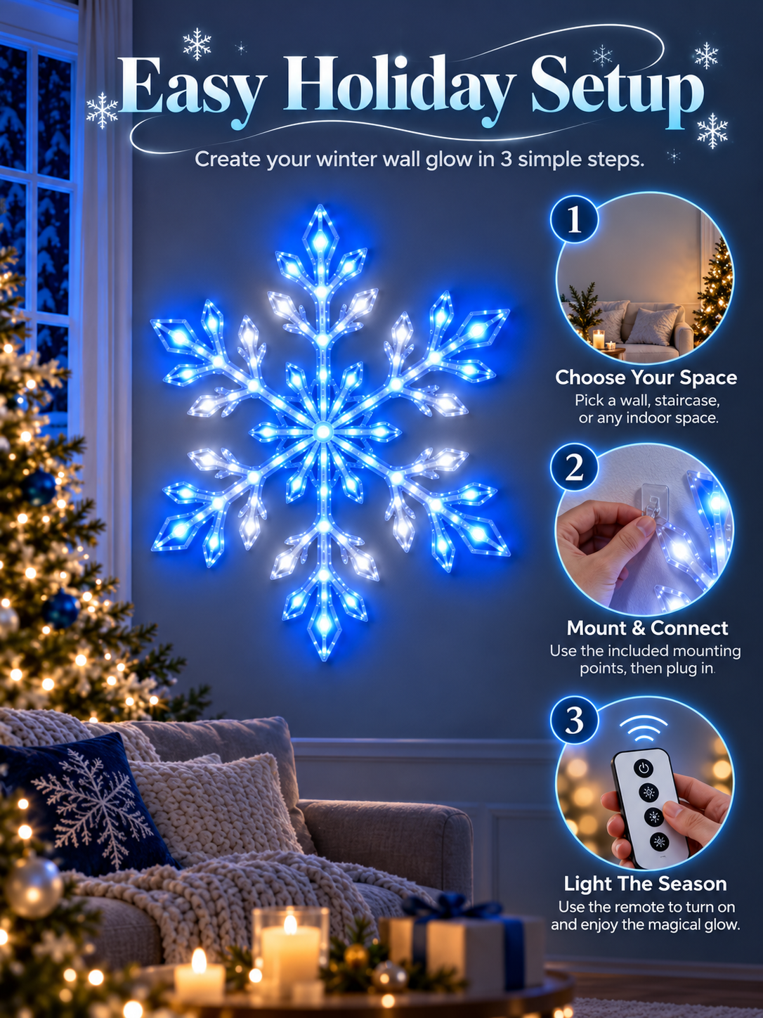 ❄️ Remote-Controlled Snowflake Wall Light Set – Blue & White Christmas Décor