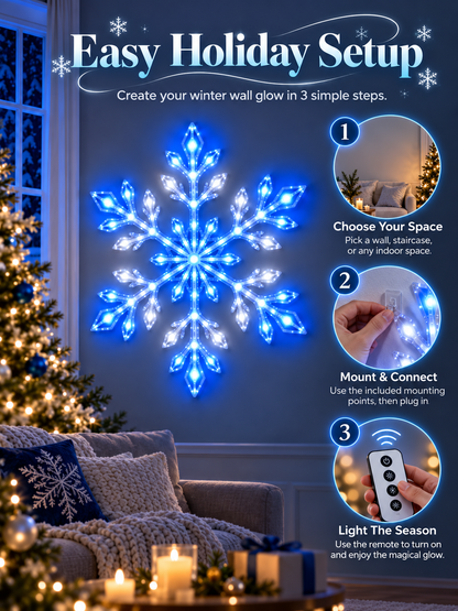 ❄️ Remote-Controlled Snowflake Wall Light Set – Blue & White Christmas Décor