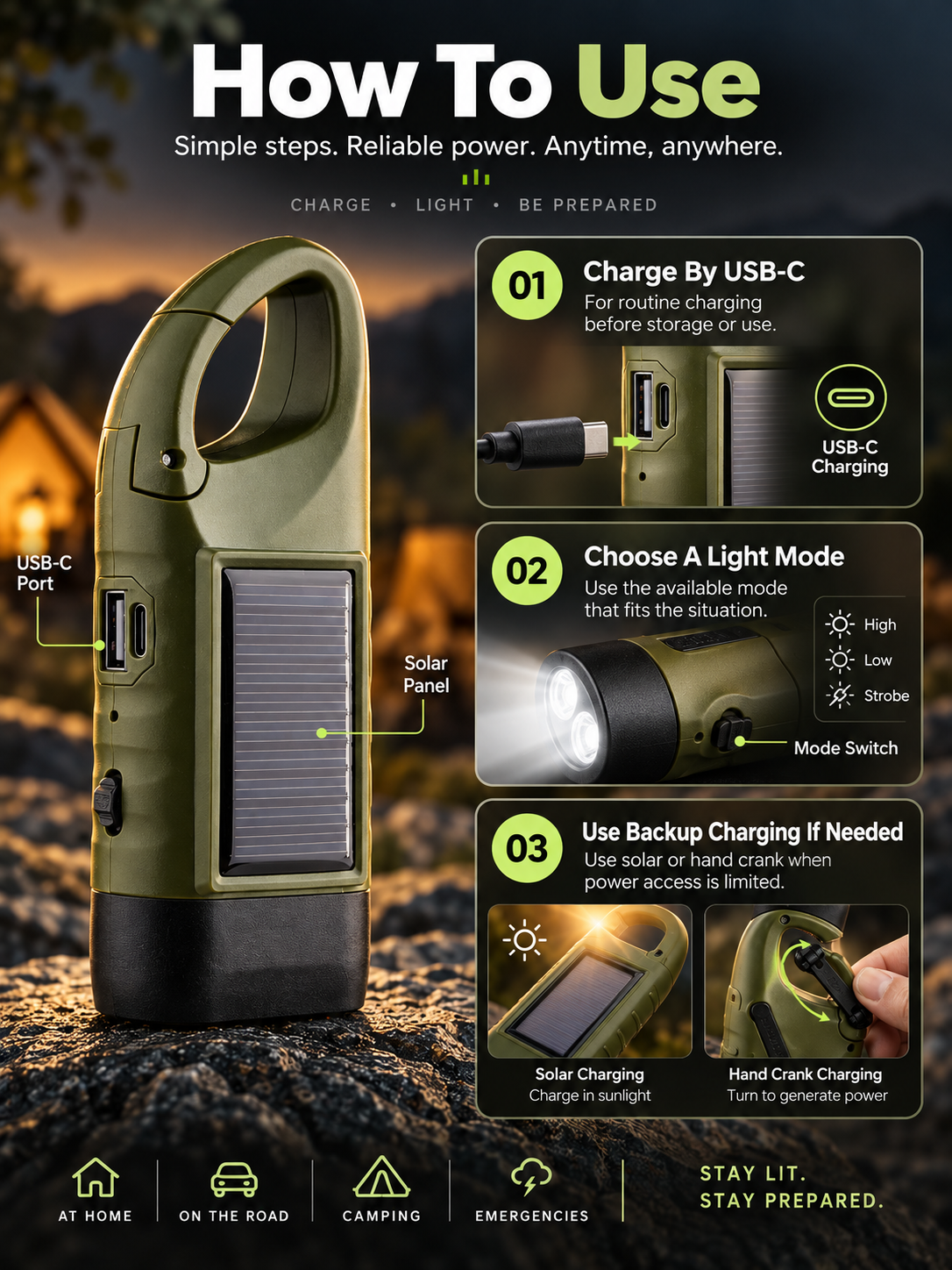 🔦 5-in-1 Emergency Hand-Crank Flashlight – Solar & Dynamo Rechargeable Outdoor Light