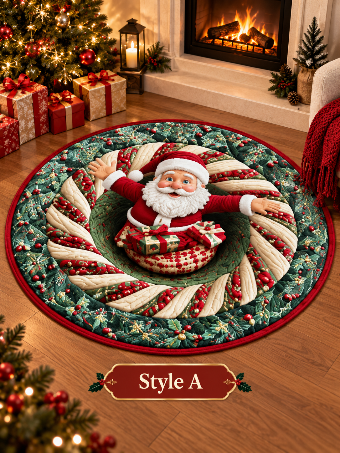 🎄 3D Christmas Optical Illusion Round Rug – Festive Crystal Velvet Holiday Floor Mat