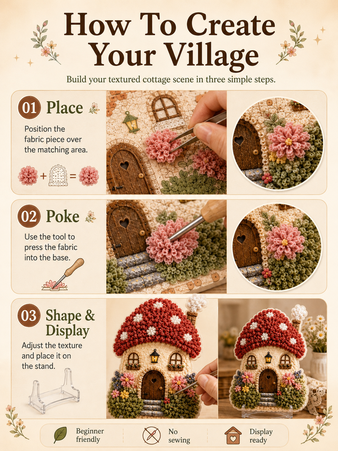 🔥Last Day 48% OFF - ✨🧘Relaxing & Beginner-Friendly-✨Whimsical Village 3D Fabric Poke Art Kit