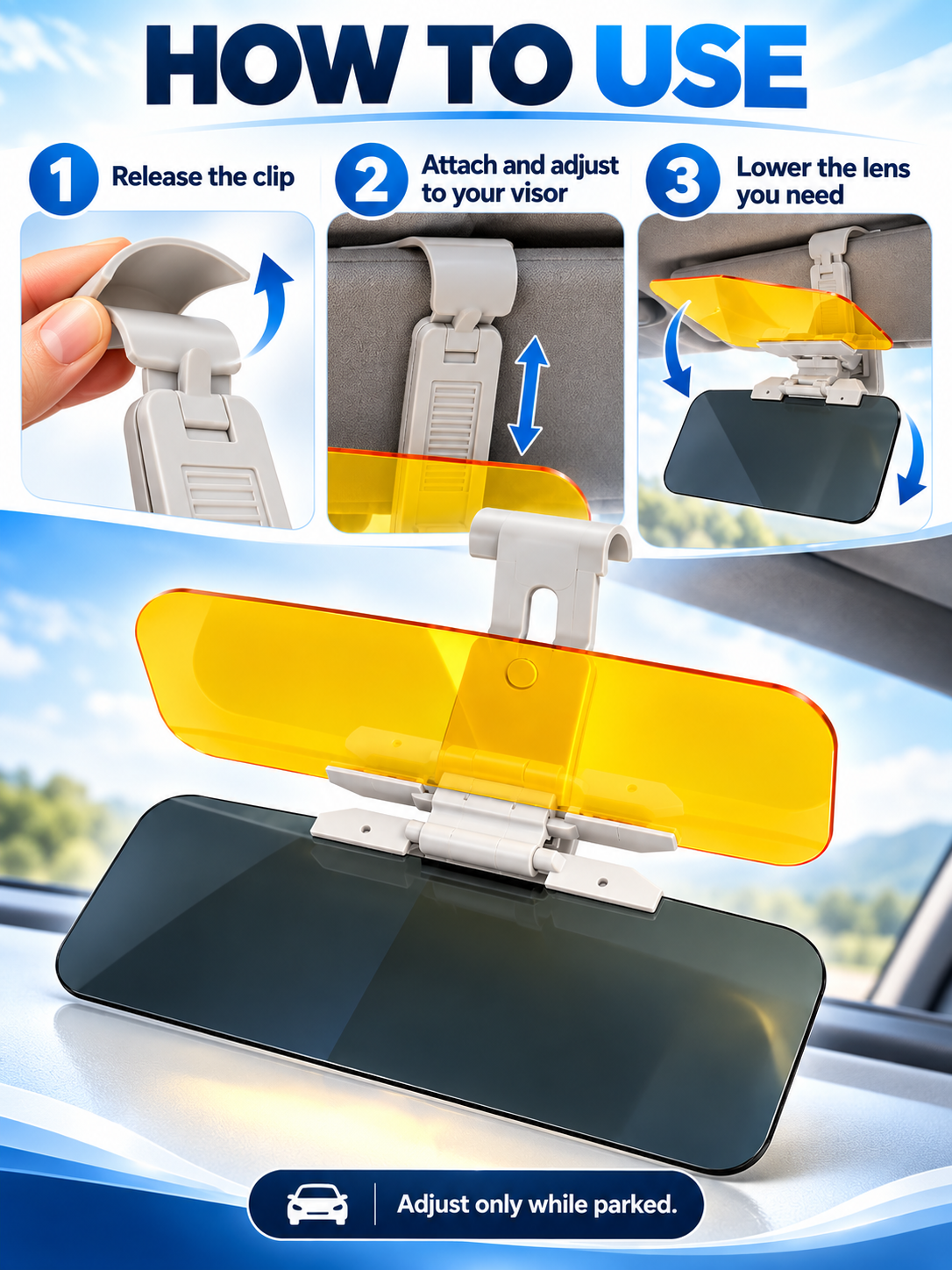 ☀️ 2-in-1 Day & Night Anti-Glare Car Visor Extender – Adjustable Dual-Lens Driving Shield